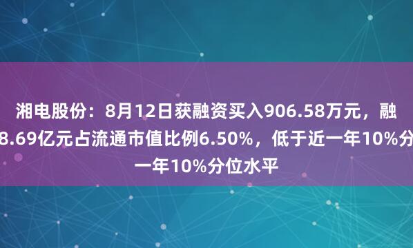 湘电股份：8月12日获融资买入906.58万元，融资余额8.69亿元占流通市值比例6.50%，低于近一年10%分位水平