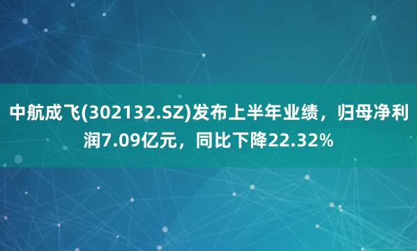 中航成飞(302132.SZ)发布上半年业绩，归母净利润7.09亿元，同比下降22.32%